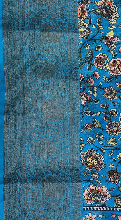 Faishana Presents Warm Silk Floral Digital Print Tilfi Jaal Copper Zari Border Banarasi Saree with Floral Print Booti SkyBlue Blouse