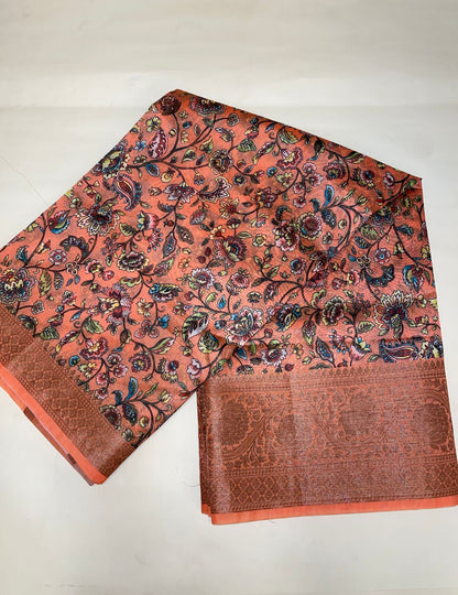 Faishana Presents Peach Warm Silk Floral Digital Print Tilfi Jaal Copper Zari Border Banarasi Saree with Floral Print Booti Peach Blouse