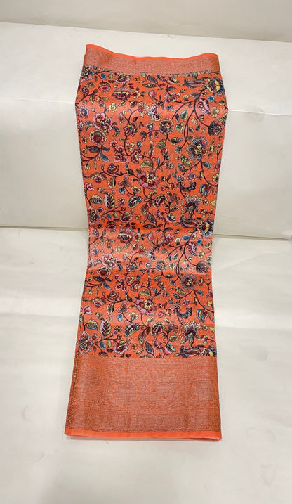 Faishana Presents Peach Warm Silk Floral Digital Print Tilfi Jaal Copper Zari Border Banarasi Saree with Floral Print Booti Peach Blouse