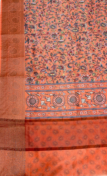 Faishana Presents Peach Warm Silk Floral Digital Print Tilfi Jaal Copper Zari Border Banarasi Saree with Floral Print Booti Peach Blouse