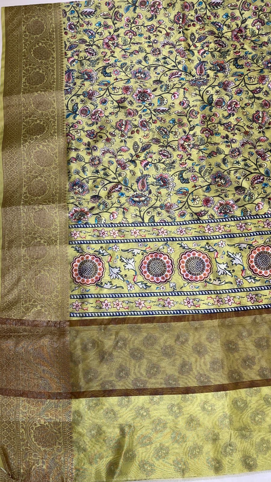 Faishana Presents Yellow Warm Silk Floral Digital Print Tilfi Jaal Copper Zari Border Banarasi Saree with Floral Print Booti Yellow Blouse