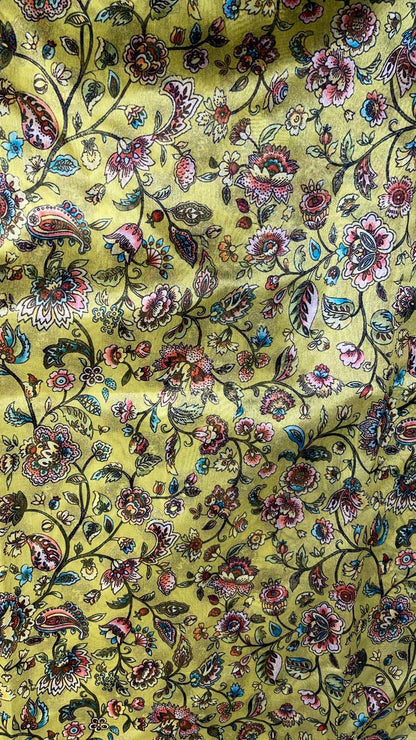 Faishana Presents Yellow Warm Silk Floral Digital Print Tilfi Jaal Copper Zari Border Banarasi Saree with Floral Print Booti Yellow Blouse