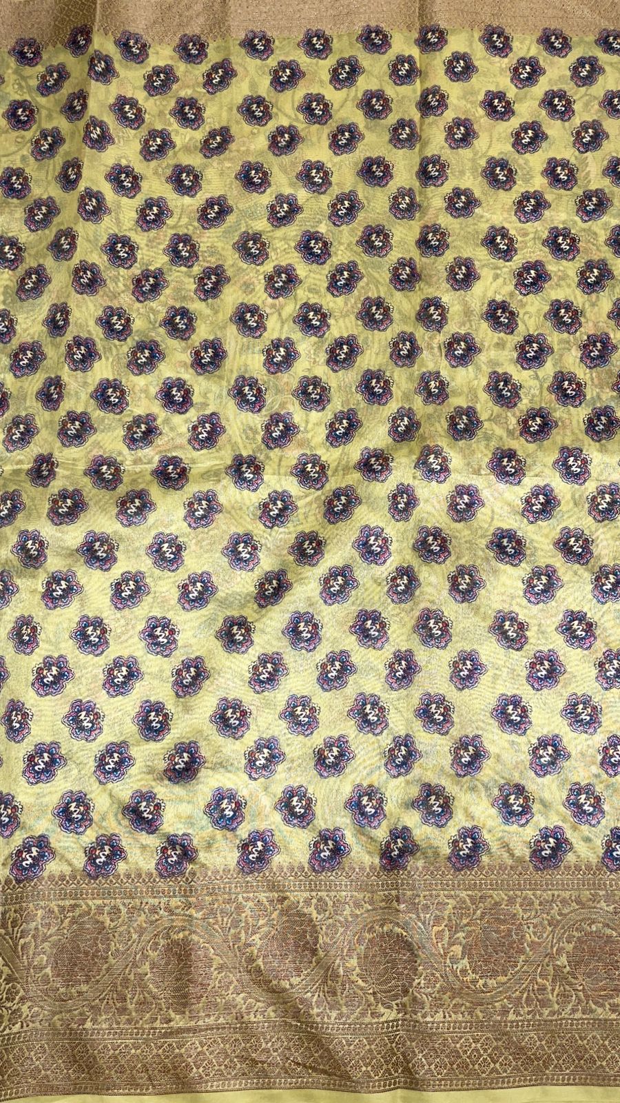 Faishana Presents Yellow Warm Silk Floral Digital Print Tilfi Jaal Copper Zari Border Banarasi Saree with Floral Print Booti Yellow Blouse