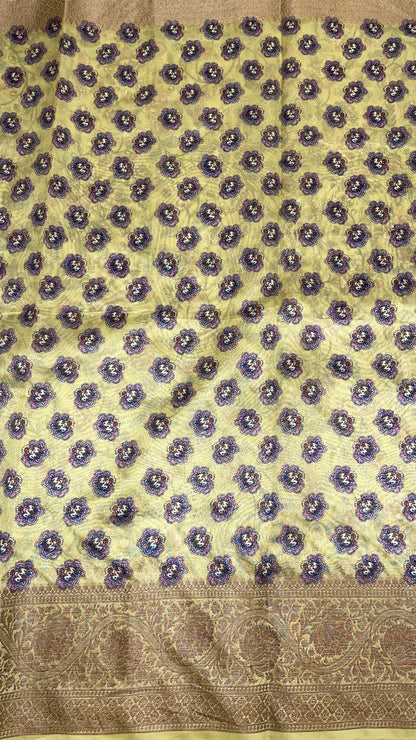 Faishana Presents Yellow Warm Silk Floral Digital Print Tilfi Jaal Copper Zari Border Banarasi Saree with Floral Print Booti Yellow Blouse