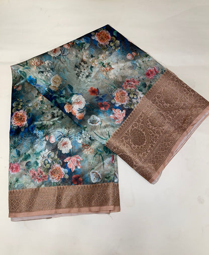Faishana Presents Grey Warm Silk Digital Print Floral Jaal Copper Zari Skirt Border Banarasi Saree with Light Brown Floral Print Booti Blouse