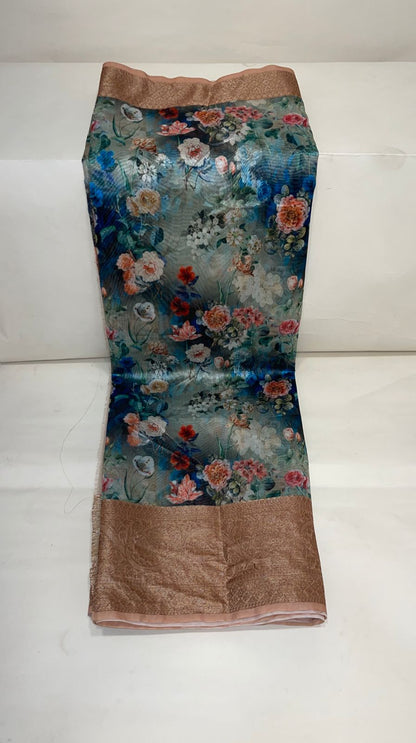 Faishana Presents Grey Warm Silk Digital Print Floral Jaal Copper Zari Skirt Border Banarasi Saree with Light Brown Floral Print Booti Blouse