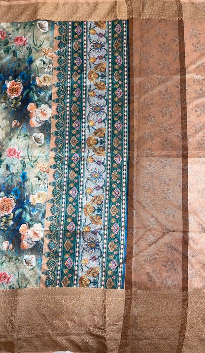 Faishana Presents Grey Warm Silk Digital Print Floral Jaal Copper Zari Skirt Border Banarasi Saree with Light Brown Floral Print Booti Blouse