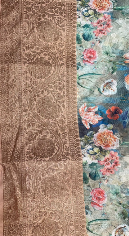 Faishana Presents Grey Warm Silk Digital Print Floral Jaal Copper Zari Skirt Border Banarasi Saree with Light Brown Floral Print Booti Blouse