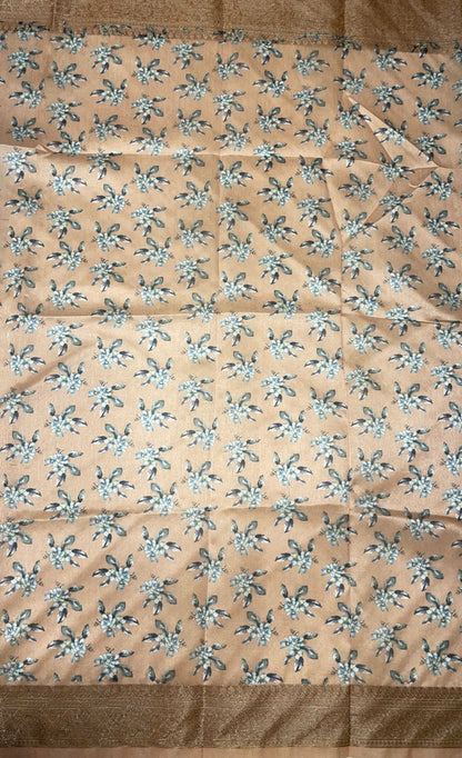 Faishana Presents Grey Warm Silk Digital Print Floral Jaal Copper Zari Skirt Border Banarasi Saree with Light Brown Floral Print Booti Blouse