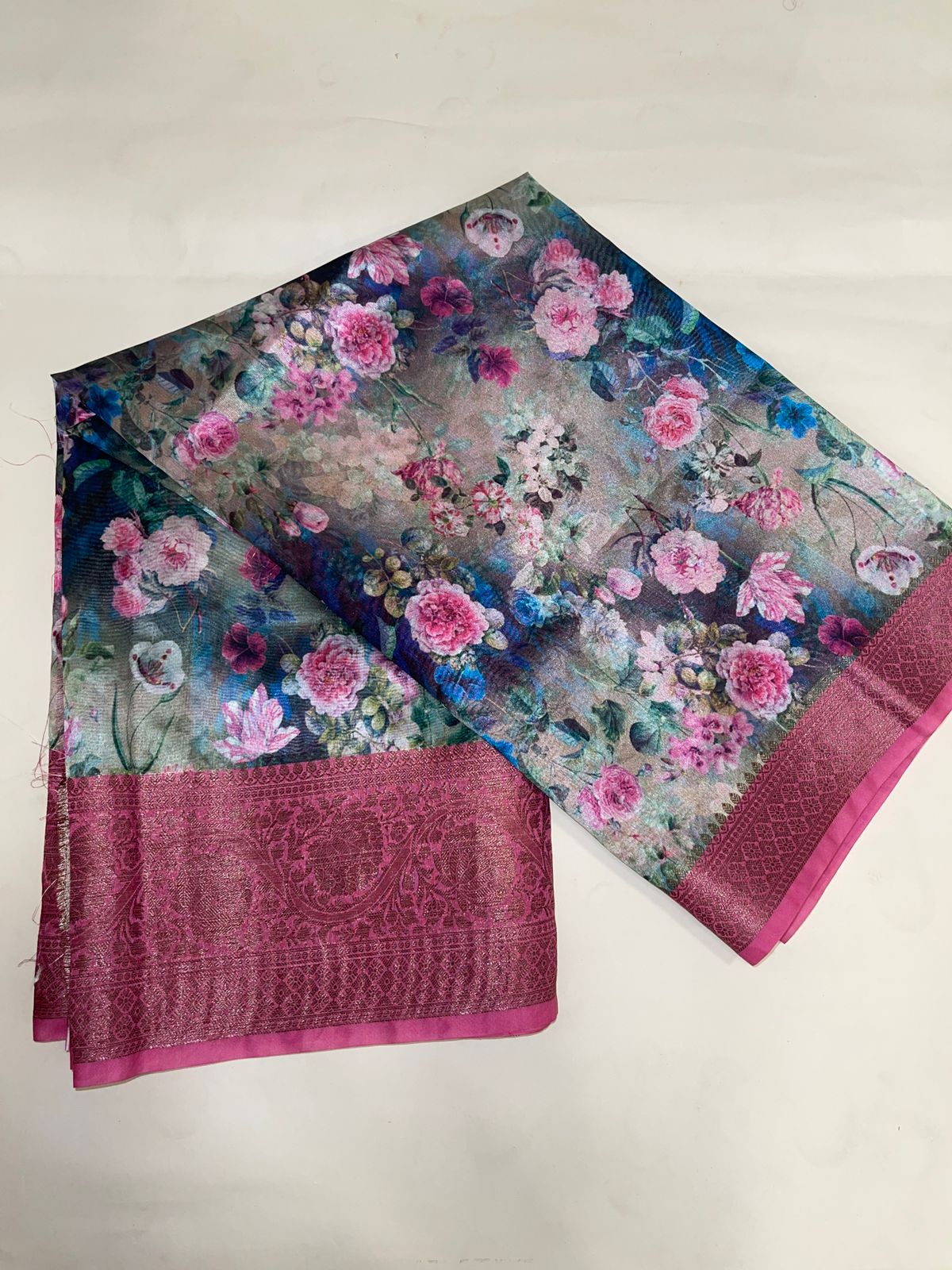 Faishana Presents Grey Warm Silk Digital Print Floral Jaal Copper Zari Skirt Border Banarasi Saree with Pink Floral Print Booti Blouse