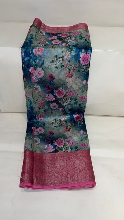 Faishana Presents Grey Warm Silk Digital Print Floral Jaal Copper Zari Skirt Border Banarasi Saree with Pink Floral Print Booti Blouse