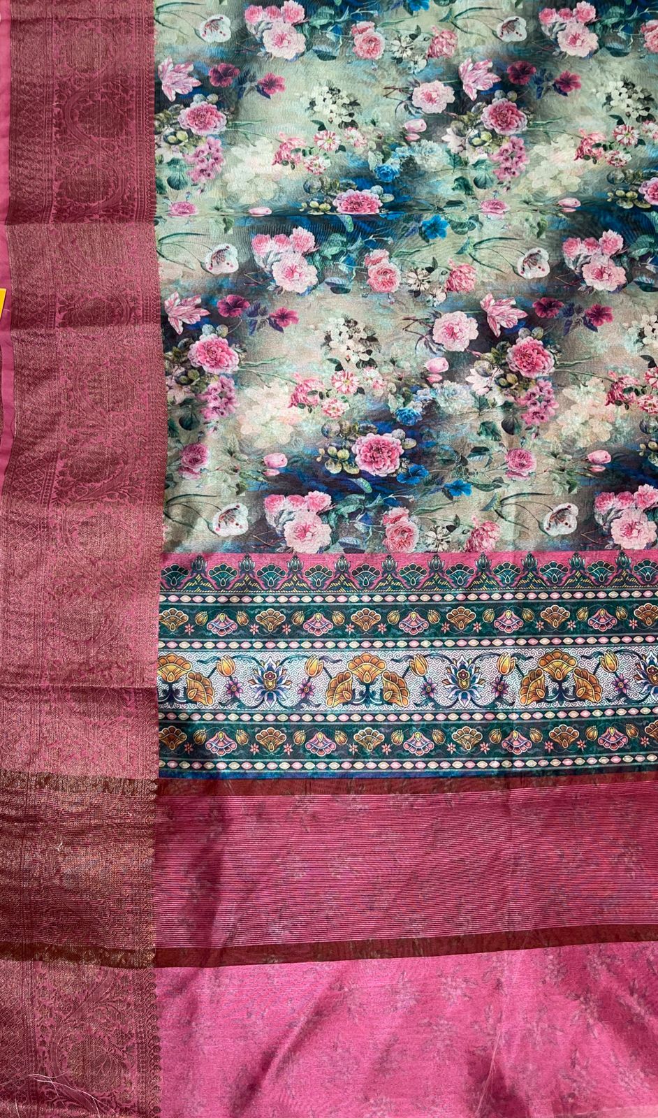 Faishana Presents Grey Warm Silk Digital Print Floral Jaal Copper Zari Skirt Border Banarasi Saree with Pink Floral Print Booti Blouse