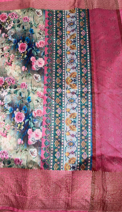 Faishana Presents Grey Warm Silk Digital Print Floral Jaal Copper Zari Skirt Border Banarasi Saree with Pink Floral Print Booti Blouse