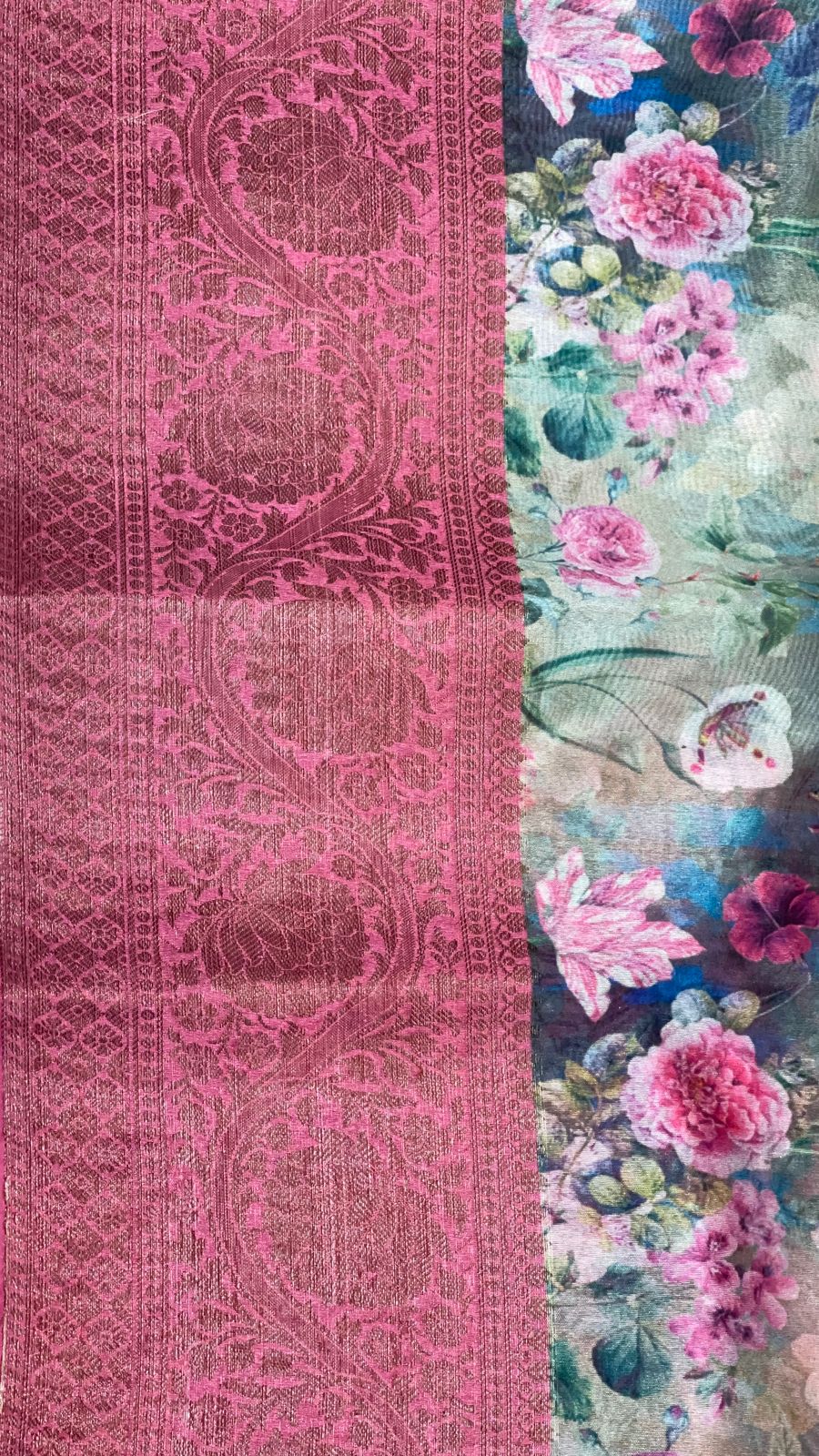 Faishana Presents Grey Warm Silk Digital Print Floral Jaal Copper Zari Skirt Border Banarasi Saree with Pink Floral Print Booti Blouse