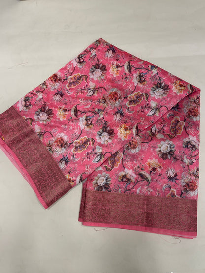 Faishana Presents Pink Warm Silk Floral Digital Print Copper Zari Border Banarasi Saree with Floral Print Booti Pink Blouse