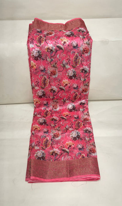 Faishana Presents Pink Warm Silk Floral Digital Print Copper Zari Border Banarasi Saree with Floral Print Booti Pink Blouse