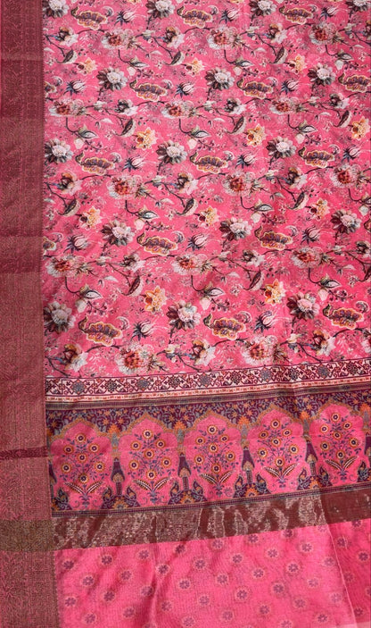 Faishana Presents Pink Warm Silk Floral Digital Print Copper Zari Border Banarasi Saree with Floral Print Booti Pink Blouse
