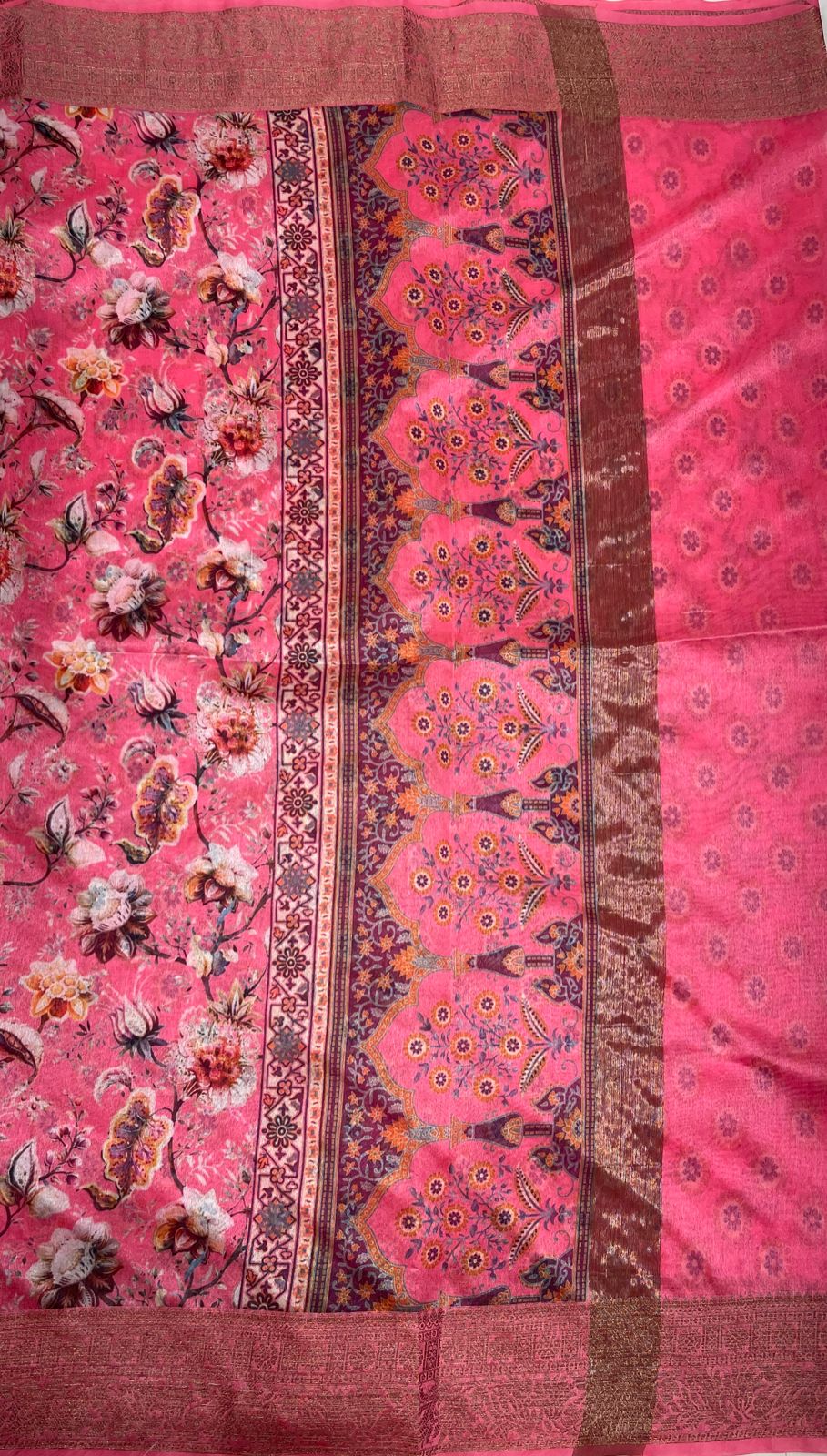 Faishana Presents Pink Warm Silk Floral Digital Print Copper Zari Border Banarasi Saree with Floral Print Booti Pink Blouse