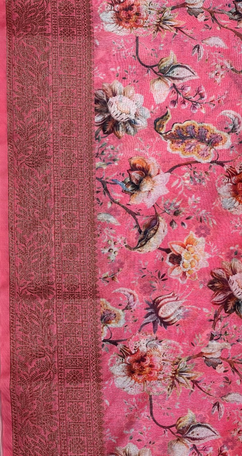 Faishana Presents Pink Warm Silk Floral Digital Print Copper Zari Border Banarasi Saree with Floral Print Booti Pink Blouse