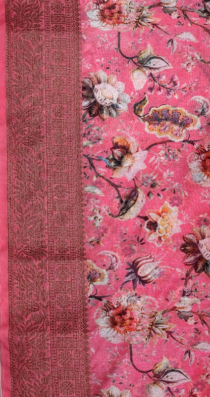 Faishana Presents Pink Warm Silk Floral Digital Print Copper Zari Border Banarasi Saree with Floral Print Booti Pink Blouse