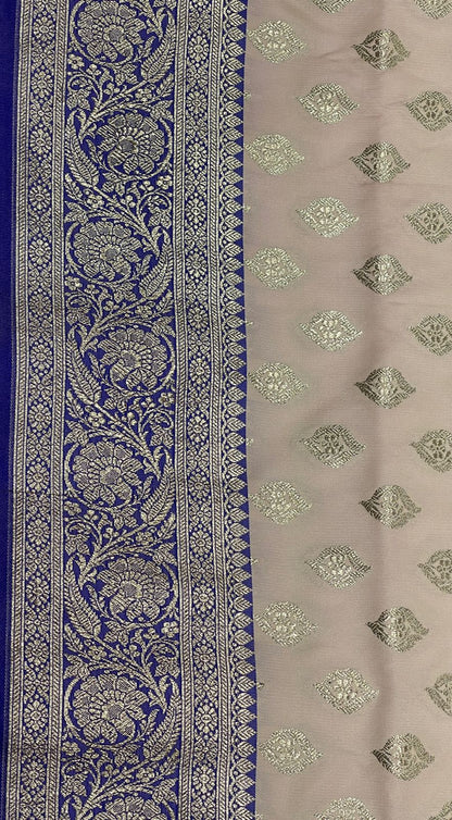 Faishana Presents Off-White Katan Silk Floral Light Gold Zari Booti with Contrast Blue Floral Pallu Banarasi saree and Blue Blouse