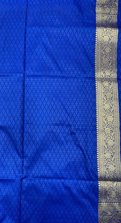 Faishana Presents Off-White Katan Silk Floral Light Gold Zari Booti with Contrast Blue Floral Pallu Banarasi saree and Blue Blouse