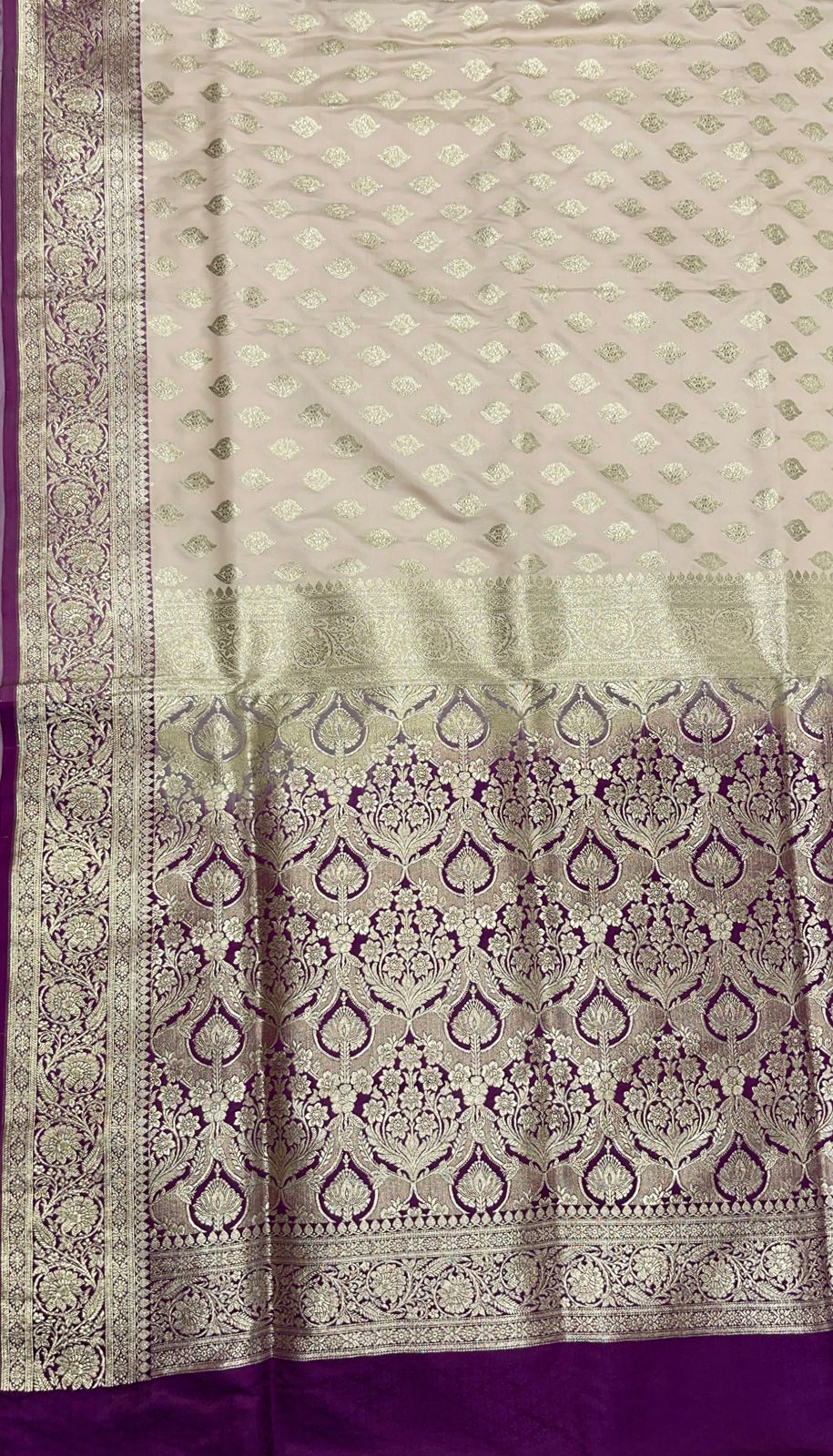 Faishana Presents Off-White Katan Silk Floral Light Gold Zari Booti with Contrast Purple Floral Pallu Banarasi saree and Purple Blouse