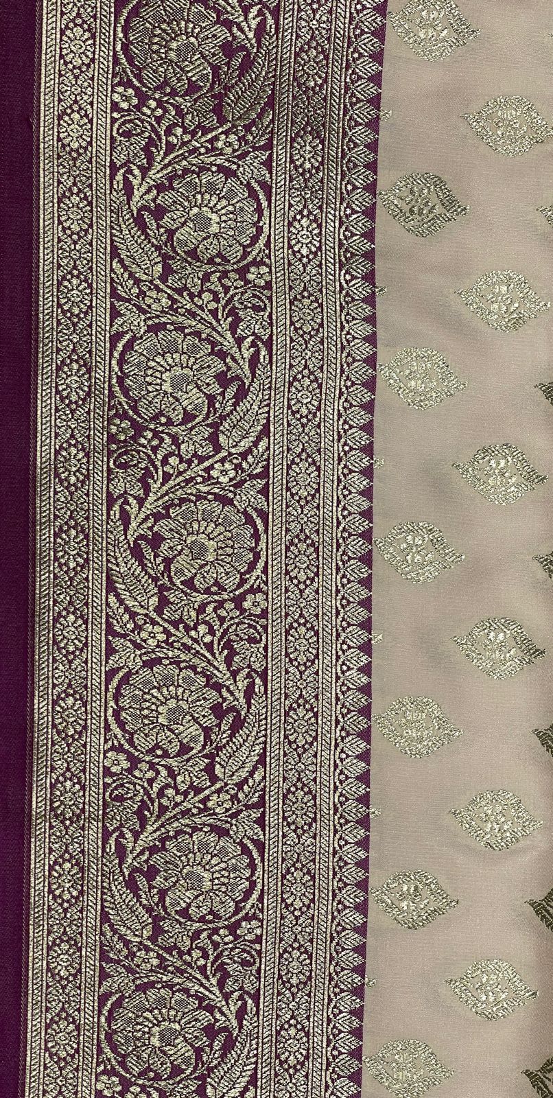 Faishana Presents Off-White Katan Silk Floral Light Gold Zari Booti with Contrast Purple Floral Pallu Banarasi saree and Purple Blouse