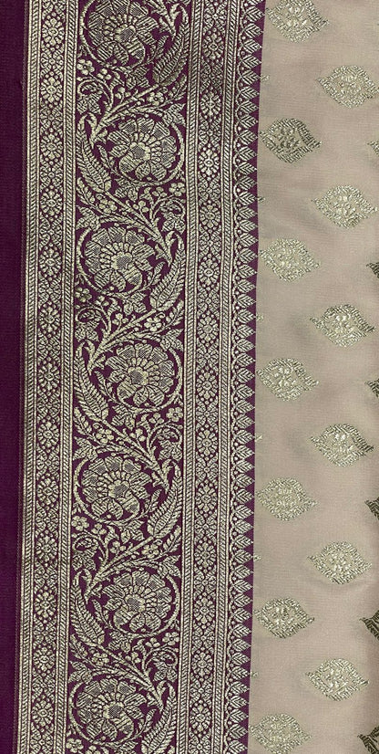 Faishana Presents Off-White Katan Silk Floral Light Gold Zari Booti with Contrast Purple Floral Pallu Banarasi saree and Purple Blouse