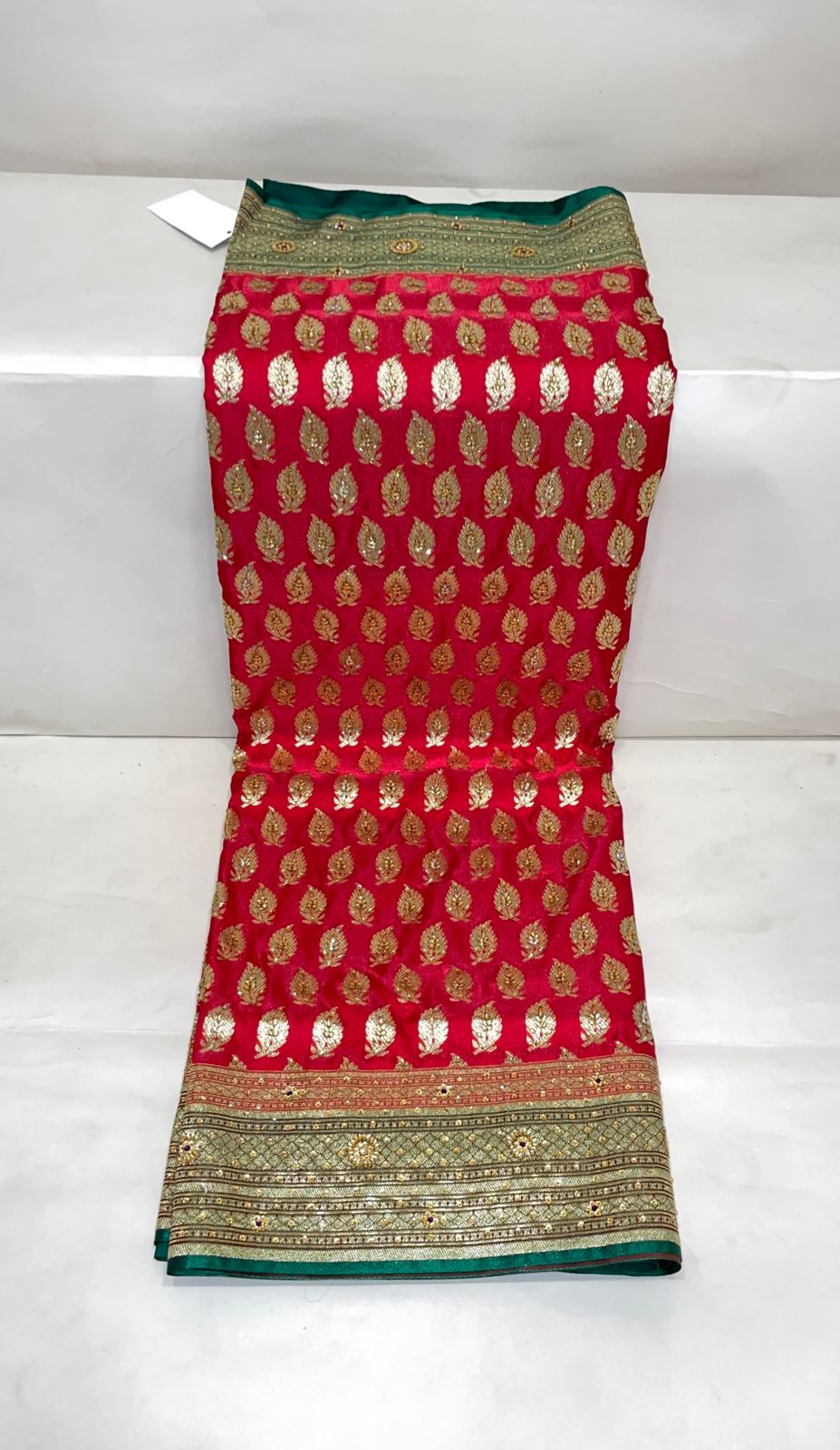 Faishana Presents Red Stone Work Golden Zari Floral Booti with Contrast Green Boota Pallu Zari Border with Green Blouse Banarasi Saree