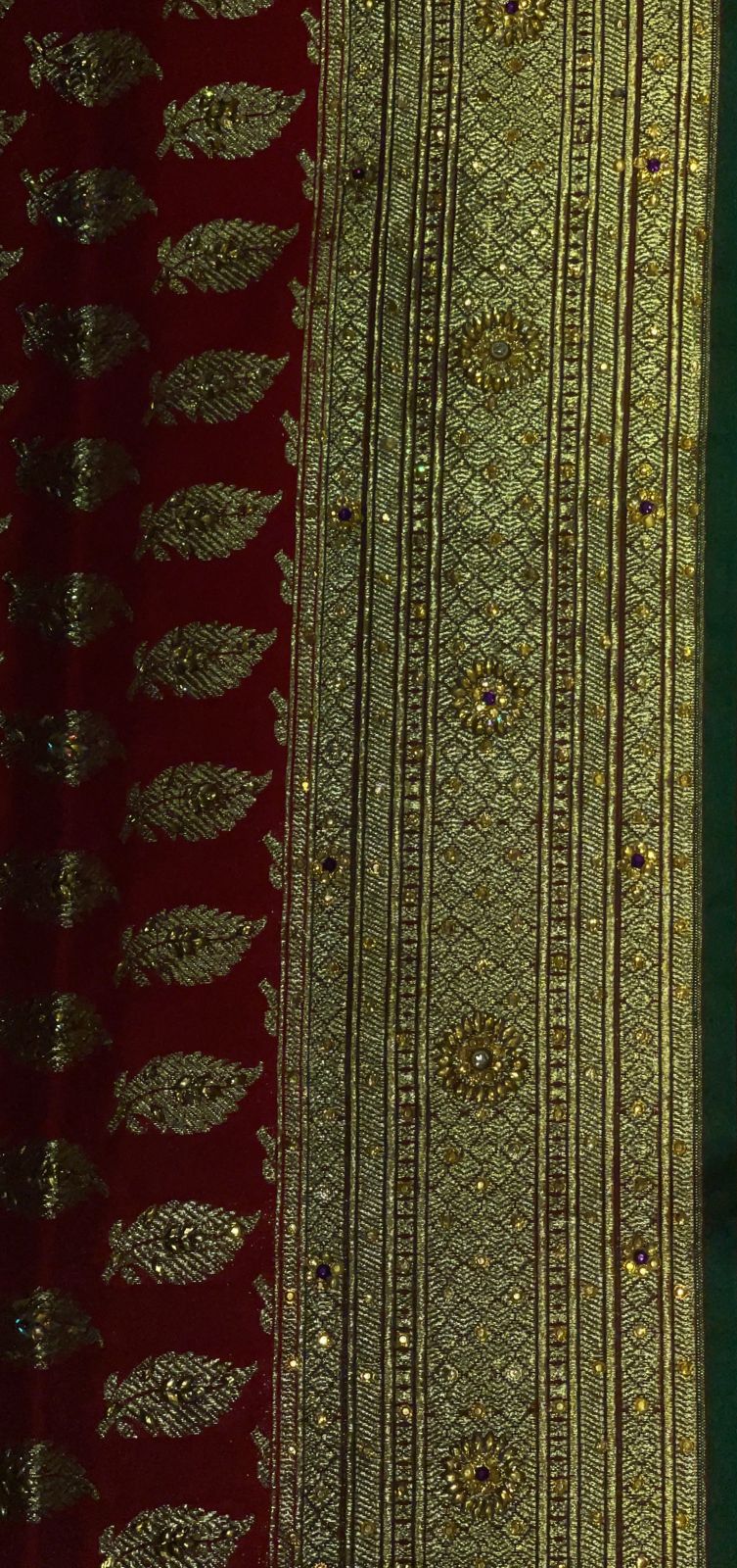 Faishana Presents Red Stone Work Golden Zari Floral Booti with Contrast Green Boota Pallu Zari Border with Green Blouse Banarasi Saree