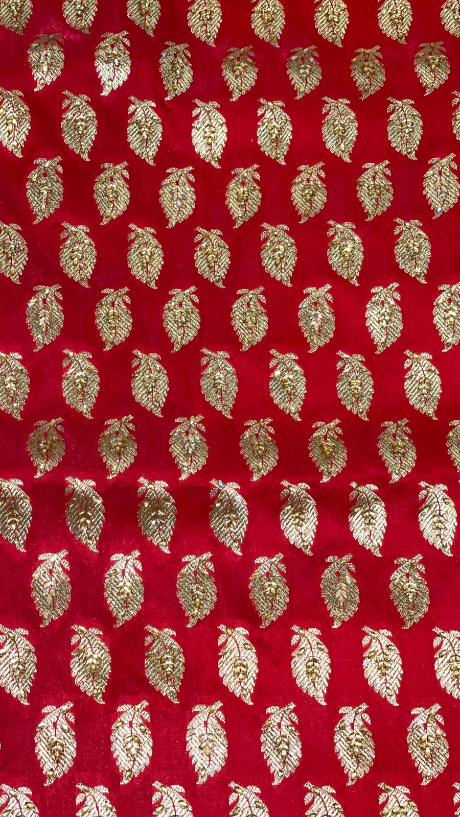 Faishana Presents Red Stone Work Golden Zari Floral Booti with Contrast Green Boota Pallu Zari Border with Green Blouse Banarasi Saree