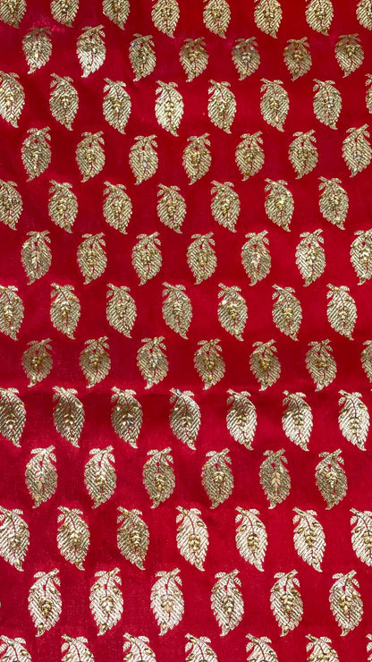 Faishana Presents Red Stone Work Golden Zari Floral Booti with Contrast Green Boota Pallu Zari Border with Green Blouse Banarasi Saree