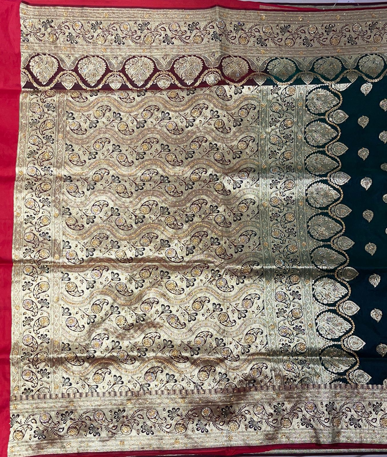Faishana Presents Dark Green Stone Work Golden Zari Booti with Contrast Red Paisley Lehariya Pallu Zari Border with Red Blouse Banarasi Saree
