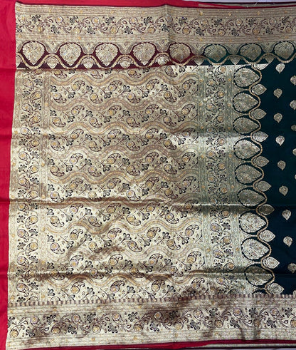 Faishana Presents Dark Green Stone Work Golden Zari Booti with Contrast Red Paisley Lehariya Pallu Zari Border with Red Blouse Banarasi Saree