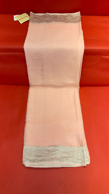 Faishana Presents Puresilk Peach Plain Khaddi Georgette Silver Zari Kadhwa Border Saree with Peach Blouse