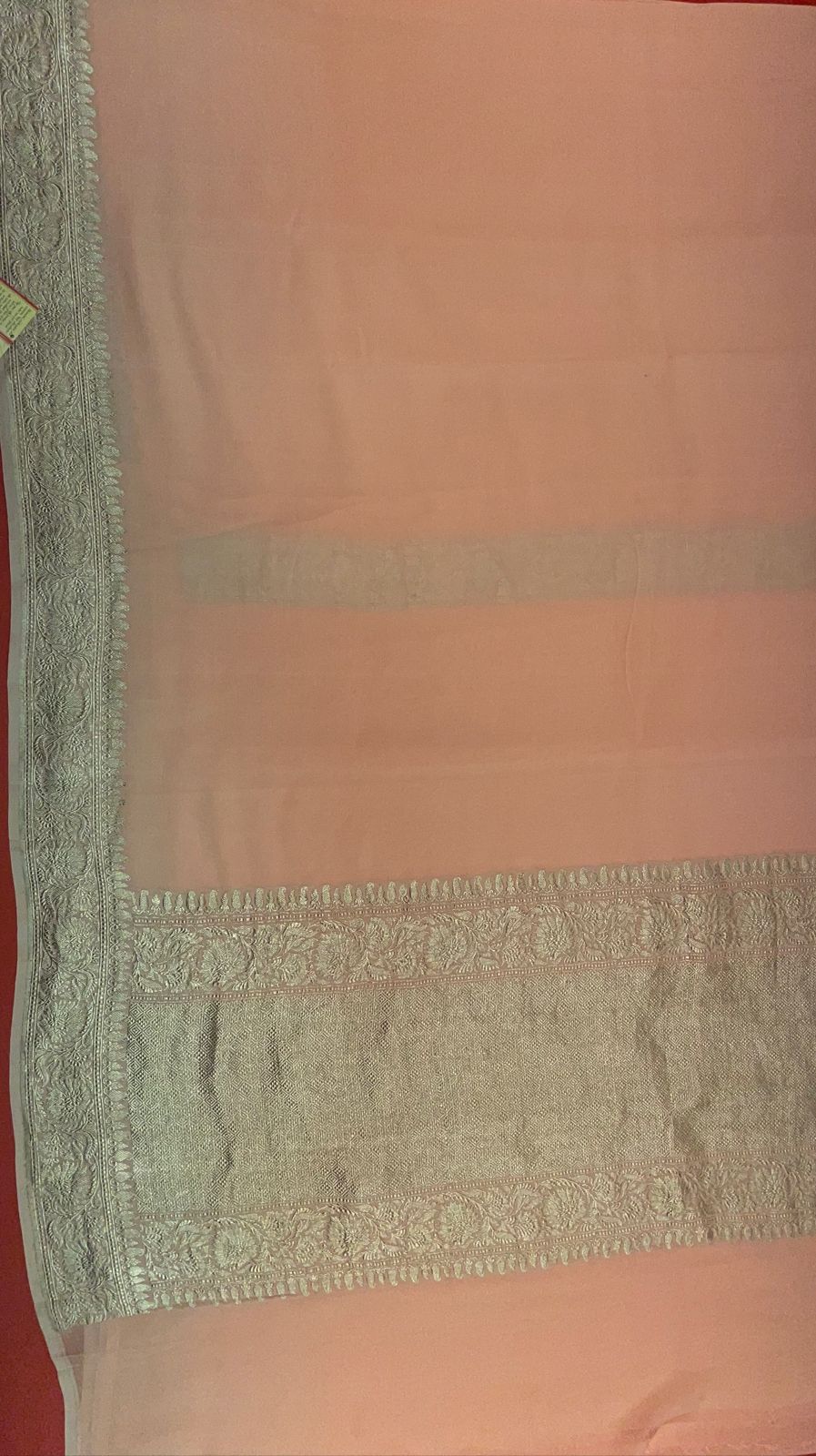 Faishana Presents Puresilk Peach Plain Khaddi Georgette Silver Zari Kadhwa Border Saree with Peach Blouse