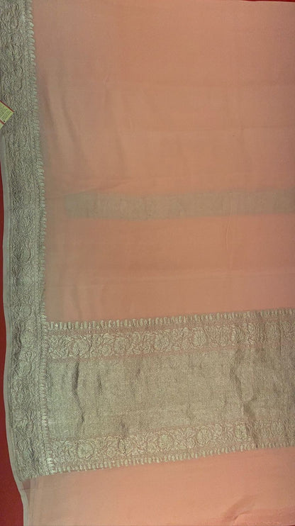 Faishana Presents Puresilk Peach Plain Khaddi Georgette Silver Zari Kadhwa Border Saree with Peach Blouse