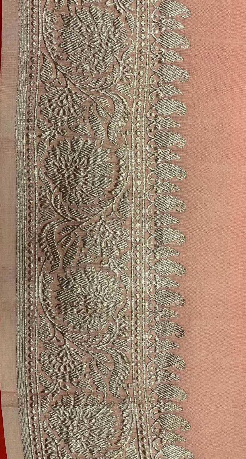 Faishana Presents Puresilk Peach Plain Khaddi Georgette Silver Zari Kadhwa Border Saree with Peach Blouse