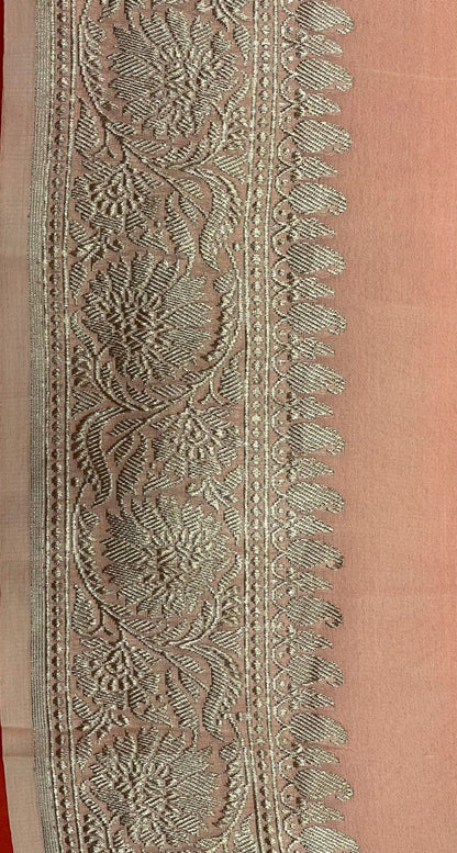 Faishana Presents Puresilk Peach Plain Khaddi Georgette Silver Zari Kadhwa Border Saree with Peach Blouse