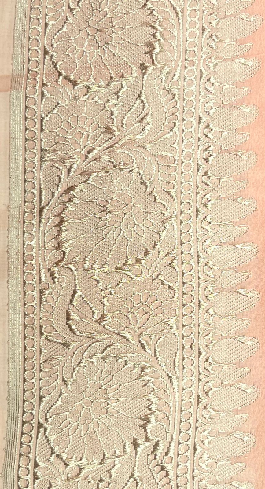 Faishana Presents Puresilk Peach Plain Khaddi Georgette Silver Zari Kadhwa Border Saree with Peach Blouse