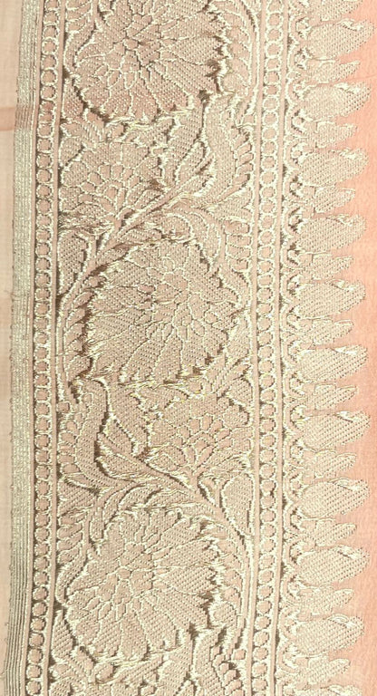 Faishana Presents Puresilk Peach Plain Khaddi Georgette Silver Zari Kadhwa Border Saree with Peach Blouse