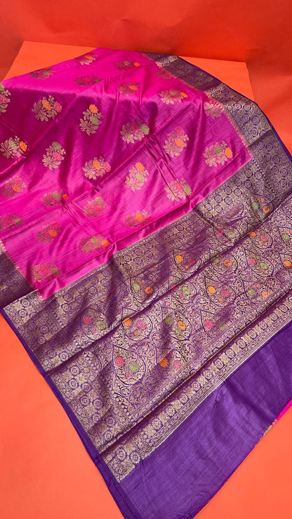 Faishana Pure Handloom Magenta Munga Silk Floral Mina Zari Boota with Contrast Violet Minakari Pallu and Violet Blouse Piece
