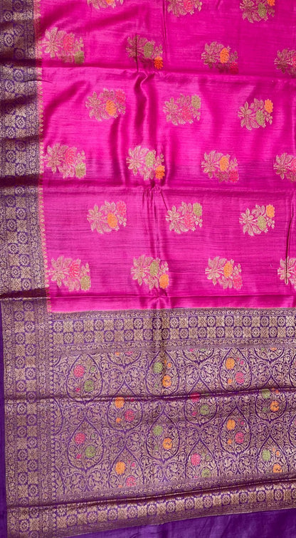 Faishana Pure Handloom Magenta Munga Silk Floral Mina Zari Boota with Contrast Violet Minakari Pallu and Violet Blouse Piece