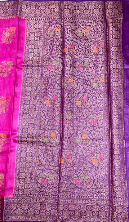 Faishana Pure Handloom Magenta Munga Silk Floral Mina Zari Boota with Contrast Violet Minakari Pallu and Violet Blouse Piece