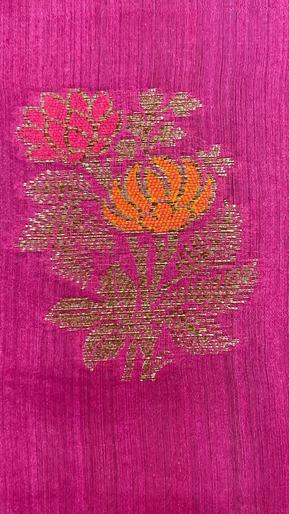 Faishana Pure Handloom Magenta Munga Silk Floral Mina Zari Boota with Contrast Violet Minakari Pallu and Violet Blouse Piece