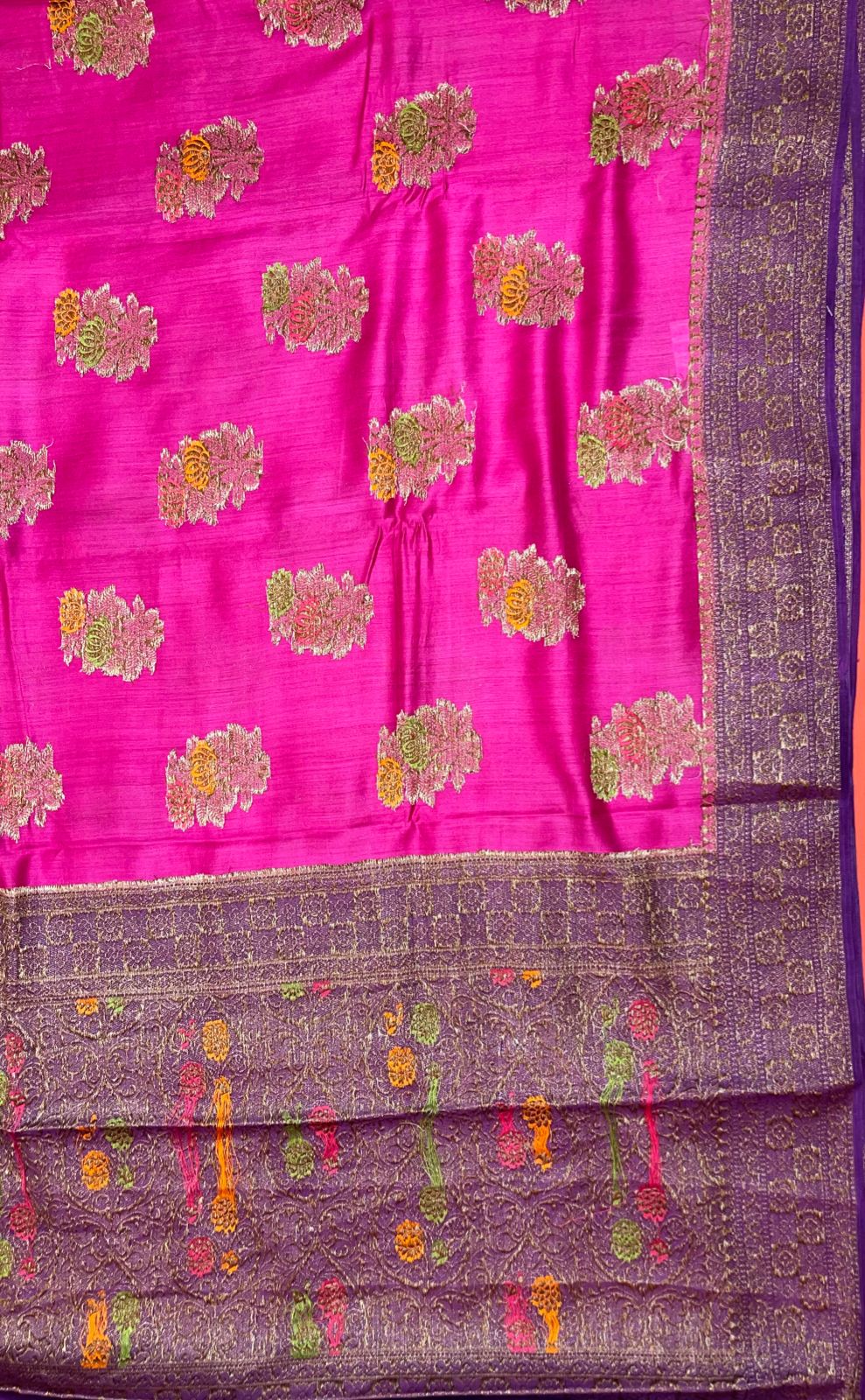Faishana Pure Handloom Magenta Munga Silk Floral Mina Zari Boota with Contrast Violet Minakari Pallu and Violet Blouse Piece