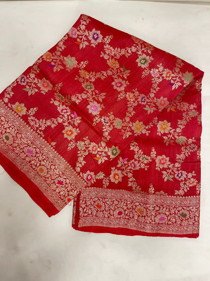 Faishana Pure Handloom Orange Tussar Silk Tilfi Zari Minakari Jaal Kadhwa Weave Minakari Pallu Banarasi Saree with Orange Blouse Piece