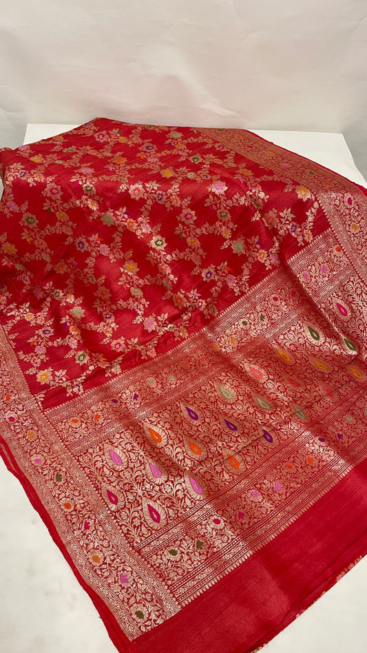 Faishana Pure Handloom Orange Tussar Silk Tilfi Zari Minakari Jaal Kadhwa Weave Minakari Pallu Banarasi Saree with Orange Blouse Piece