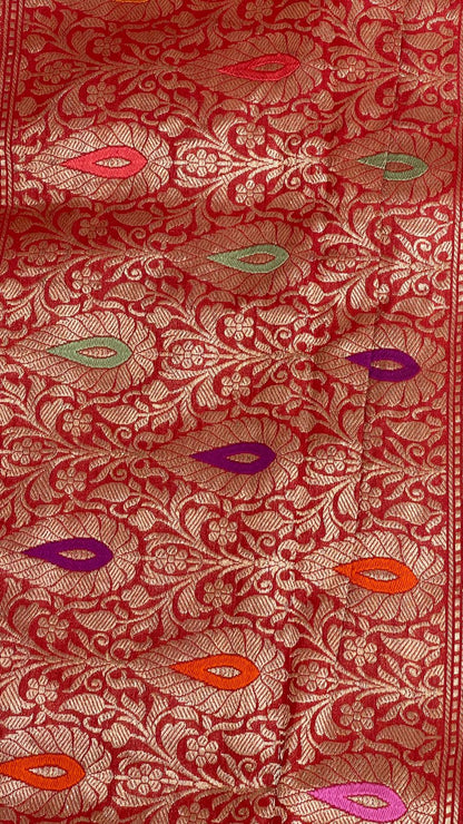 Faishana Pure Handloom Orange Tussar Silk Tilfi Zari Minakari Jaal Kadhwa Weave Minakari Pallu Banarasi Saree with Orange Blouse Piece